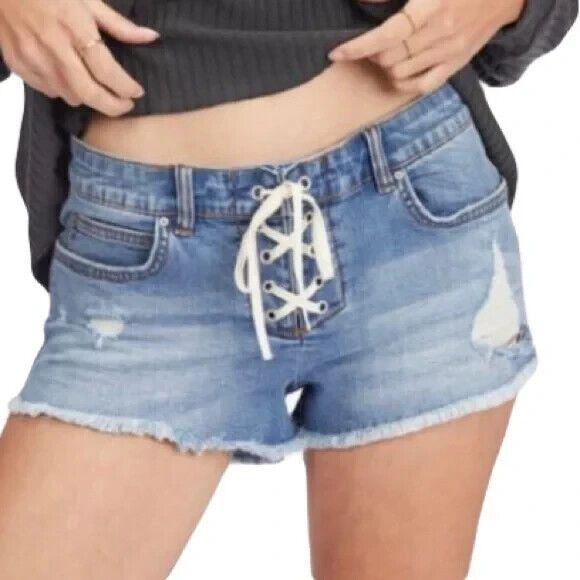 Billabong Lite Hearted Shorts  Women's 26  Lace-Up Fly Cutoff Distressed Denim - Picture 16 of 16